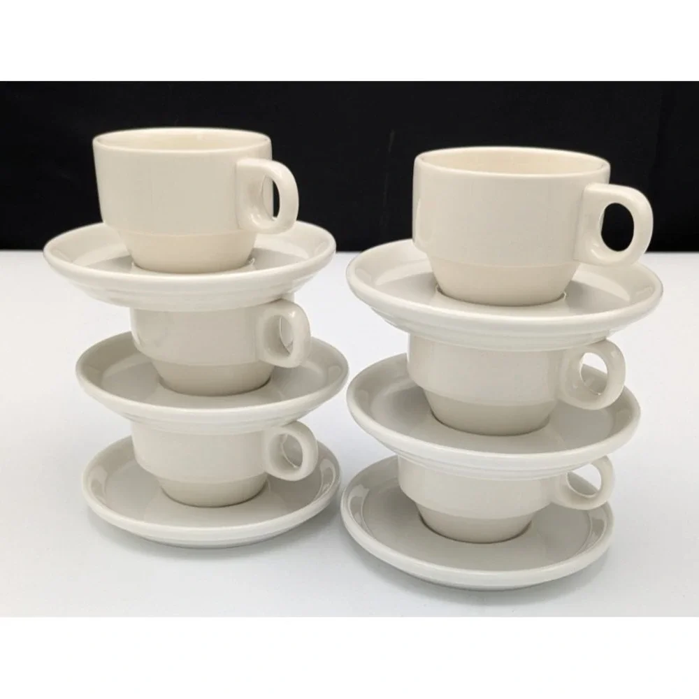 Set 6 European Espresso Demitasse 80ml 2.5 oz Cup & Saucer Modern White Stacking